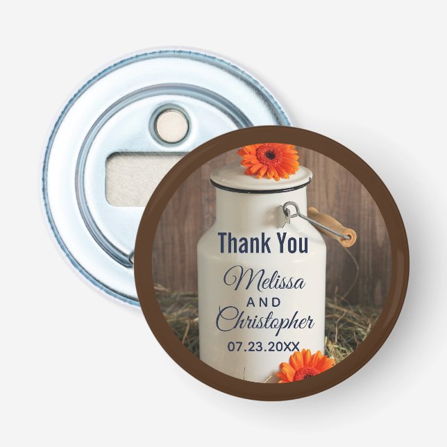 Rustic White Milk Jug with Flowers Wedding Bottle Opener (Front)