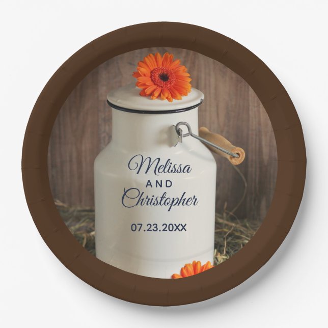 Rustic White Milk Jug with Flowers Wedding Paper Plates (Front)