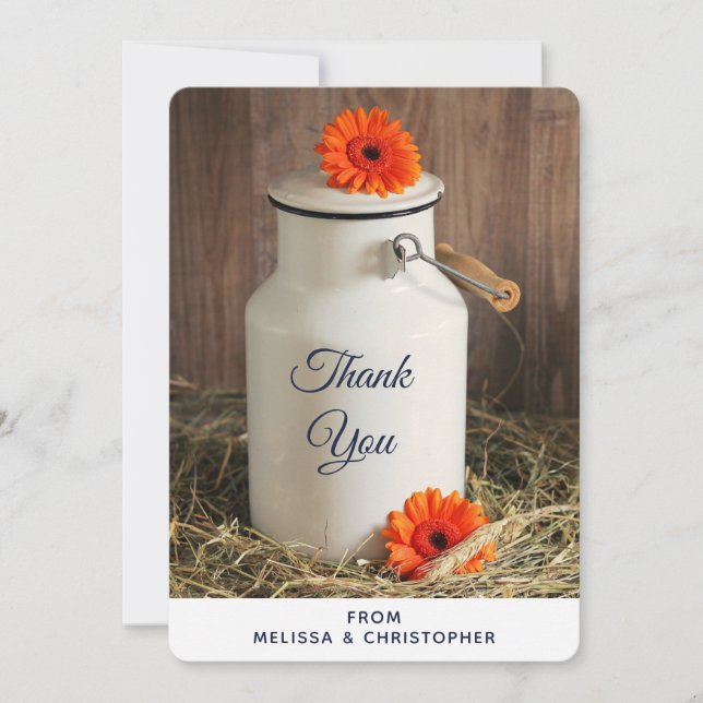 Rustic White Milk Jug with Flowers Wedding Thank You Card (Front)