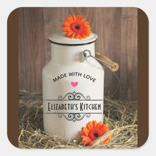 Rustic White Milk Jug with Orange Flowers  Kitchen Square Sticker