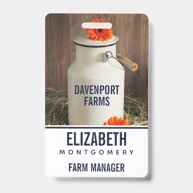 Rustic White Milk Jug with Orange Flowers Photo Badge (Front)