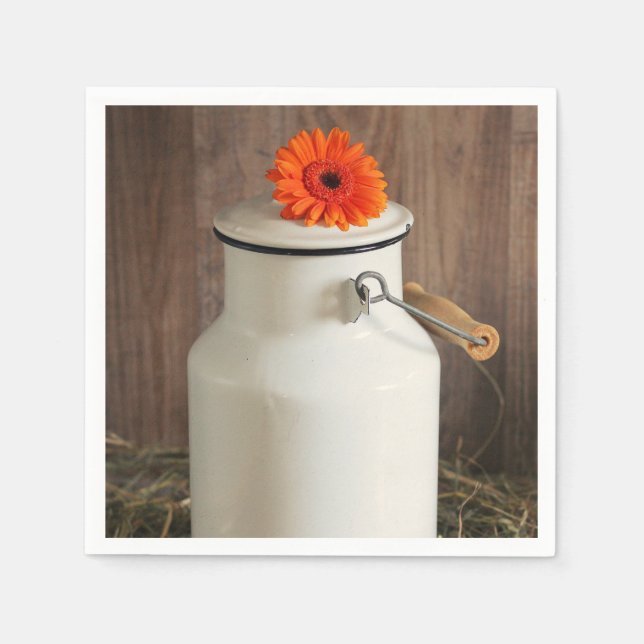Rustic White Milk Jug with Orange Flowers Photo Napkins (Front)