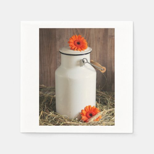 Rustic White Milk Jug with Orange Flowers Photo Napkins