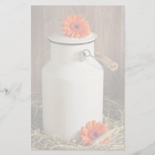 Rustic White Milk Jug with Orange Flowers Photo Stationery (Front)