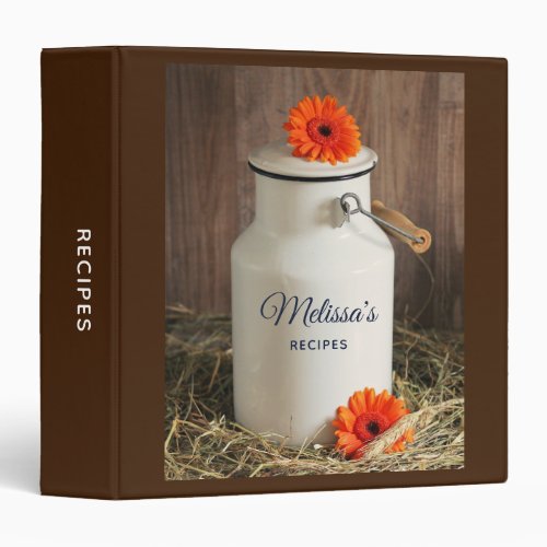 Rustic White Milk Jug with Orange Flowers Recipe 3 Ring Binder