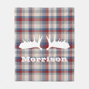 Rustic White Moose Antlers Berry Plaid Monogram Fleece Blanket
