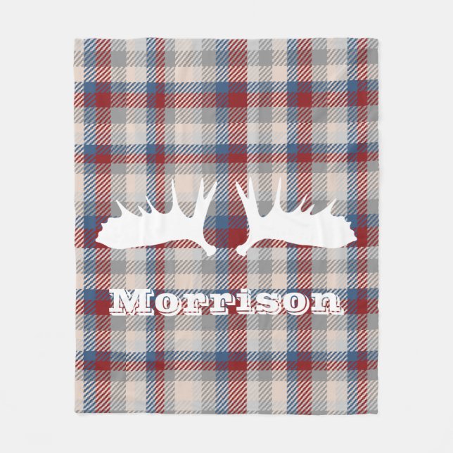 Rustic White Moose Antlers Berry Plaid Monogram Fleece Blanket (Front)