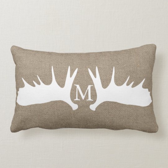 Rustic White Moose Antlers Faux Burlap Monogrammed Lumbar Pillow