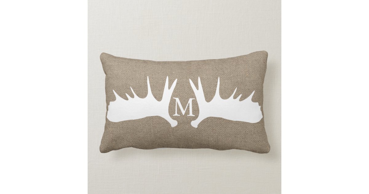 Rustic White Moose Antlers Faux Burlap Monogrammed Lumbar Pillow