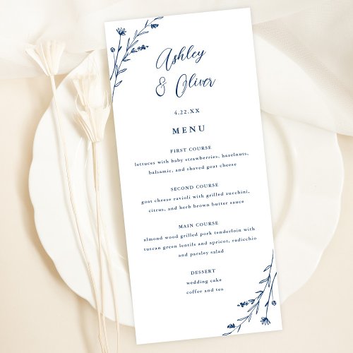 Rustic White  Navy Blue Floral Wedding Menu Card