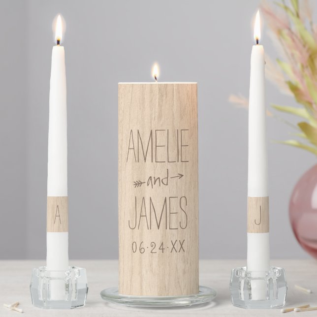 Rustic White Oak Wood Grain Monogram Unity Candle Set (In Situ)