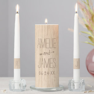 Rustic White Oak Wood Grain Wedding Monogram Unity Candle Set