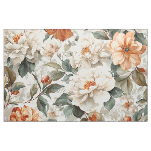 Rustic White Orange Botanical Vintage Boho Floral  Fabric
