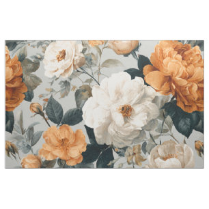 Rustic White Orange Botanical Vintage Boho Floral  Fabric