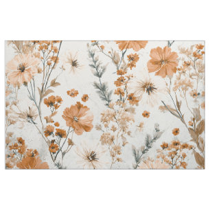 Rustic White Orange Botanical Vintage Boho Floral  Fabric