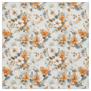 Rustic White Orange Botanical Vintage Boho Floral  Fabric