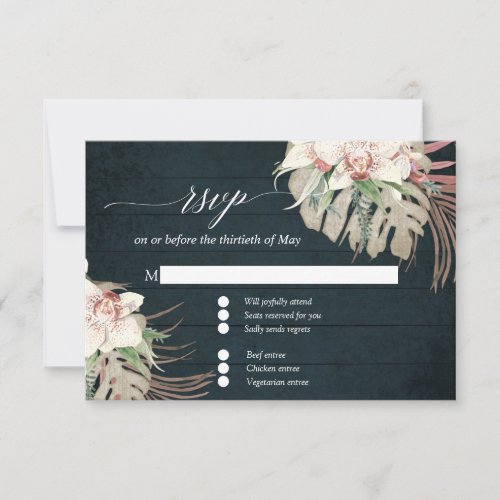Rustic White Orchid Tropical Floral Navy Wood RSVP
