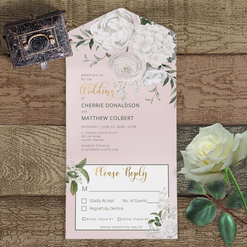 Rustic White Peonies Floral on Pink Dinner All In One Invitation