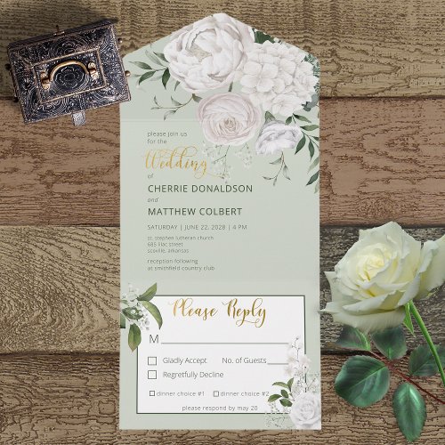 Rustic White Peonies Floral on Sage Green Dinner All In One Invitation