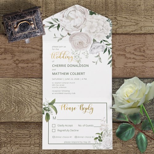 Rustic White Peonies Floral on White Dinner All In One Invitation