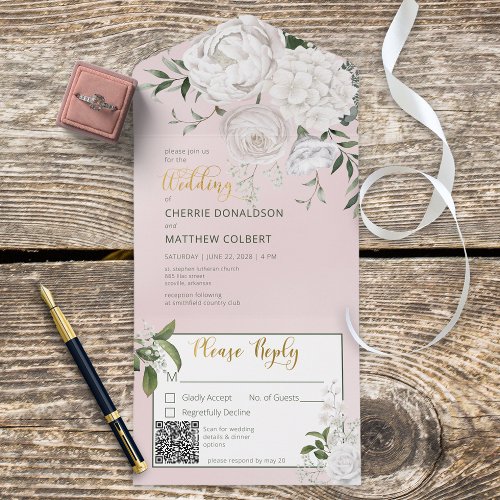 Rustic White Peonies Floral Pink QR Code All In One Invitation