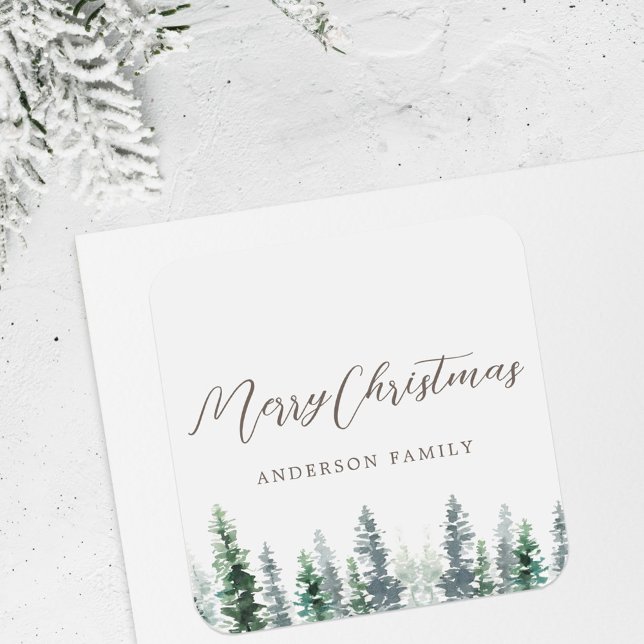 Rustic White Pine Forest Holiday Gift Square Sticker (Creator Uploaded)