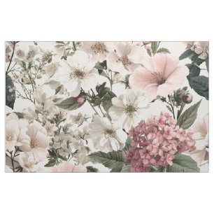 Rustic White Pink Botanical Pastel Vintage Floral  Fabric