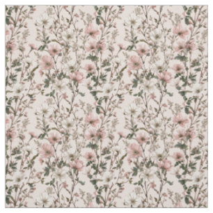 Rustic White Pink Botanical Pastel Vintage Floral  Fabric
