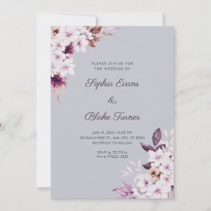 Rustic White Pink Flowers Boho Cloud Gray Wedding Invitation