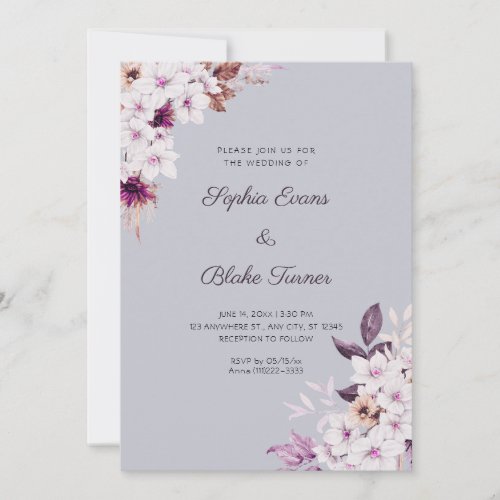 Rustic White Pink Flowers Boho Cloud Gray Wedding Invitation