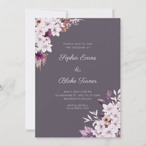 Rustic White Pink Flowers Boho Smoke Gray Wedding Invitation