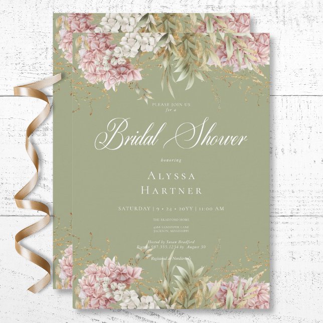 Rustic White & Pink Hydrangea Green Bridal Shower Invitation (Rustic White & Pink Hydrangea Green Bridal Shower Invitation)