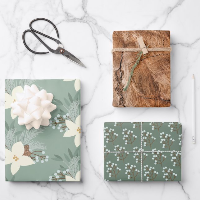 Rustic White Poinsettia And Greenery Wrapping Paper Sheets (Front)