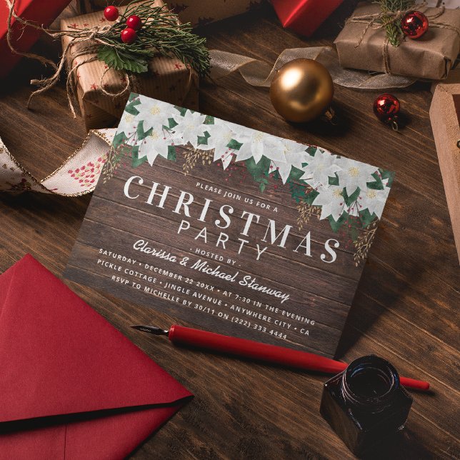 Rustic White Poinsietta Festive Christmas Party  Invitation (Creator Uploaded)