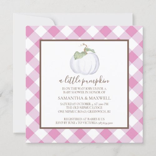 Rustic White Pumpkin and Gingham Baby Shower Invitation