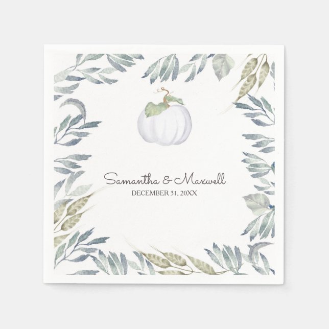 RUSTIC White Pumpkin and Greenery Napkins (Front)