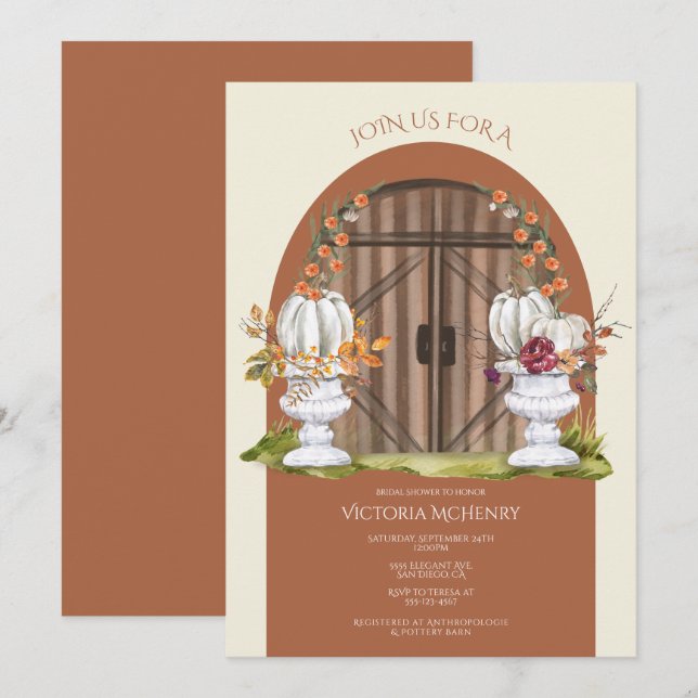 Rustic White Pumpkin Arch Bridal Shower Invitation (Front/Back)