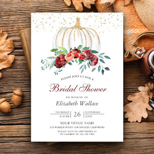 Rustic White Pumpkin Burgundy Floral Bridal Shower Invitation