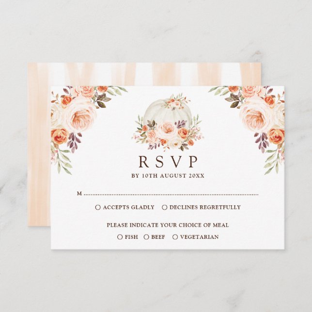 Rustic White Pumpkin Fall Flowers Wedding RSVP Card (Front/Back)