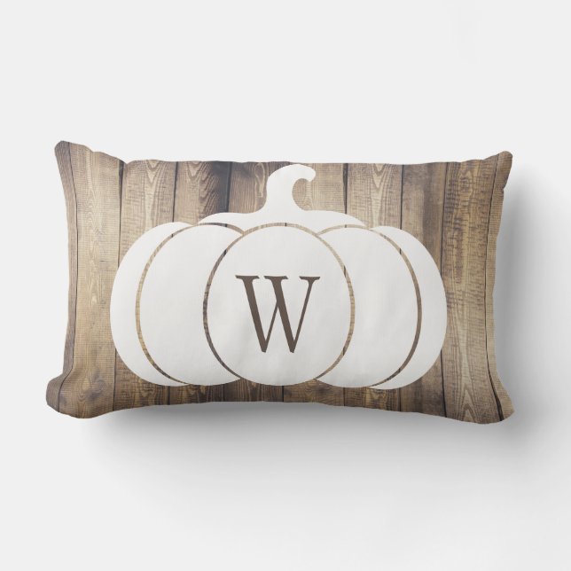 Rustic White Pumpkin Farmhouse Wood Monogram Lumbar Pillow (Front)