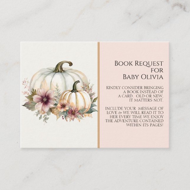 Rustic White Pumpkin Pink Fall Floral Book Request Business Card (Front)