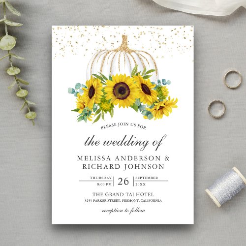 Rustic White Pumpkin Sunflowers Fall Wedding Invitation
