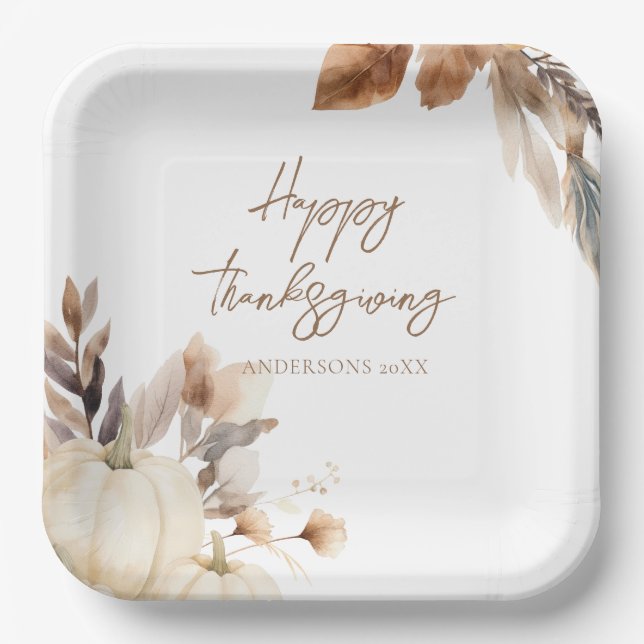 Rustic White Pumpkin Thanksgiving Paper Plates (Front)