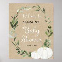 Rustic white pumpkins baby shower welcome sign
