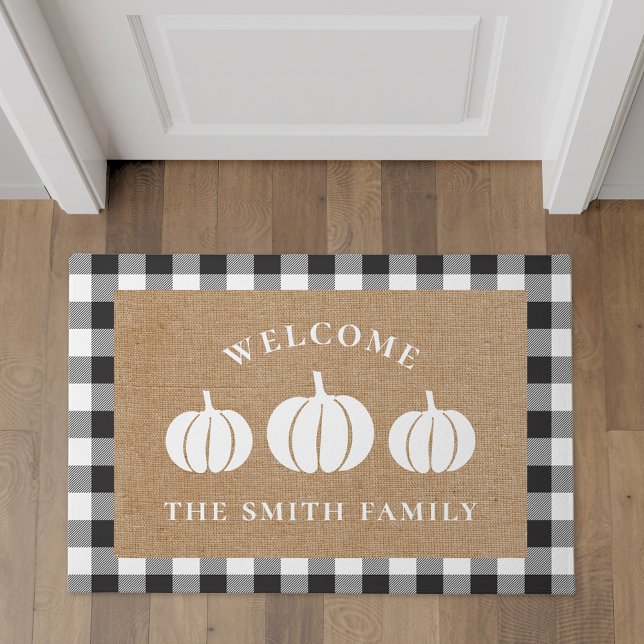 Rustic White Pumpkins Family Name Welcome Doormat (Creator Uploaded)