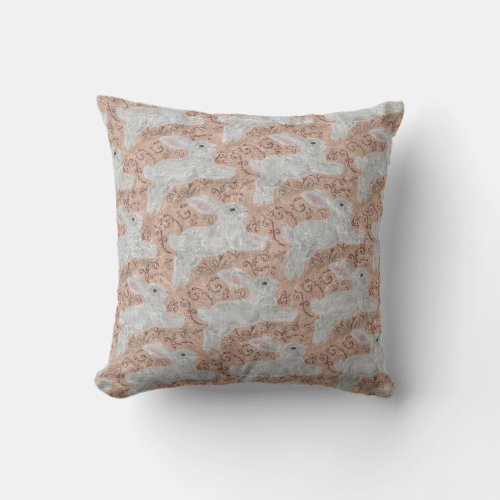 Rustic White Rabbit Pattern Blush Pink Nursery Throw Pillow