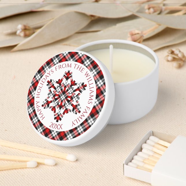 Rustic White Red Black Tartan Checks Snowflakes Mini Candle Favors (Insitu)