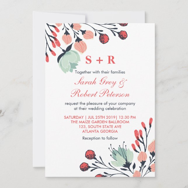 Rustic White Red Blue Floral Wedding Invitation (Front)