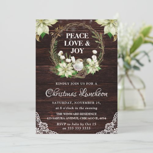 Rustic White Robin Holly Wreath Christmas Luncheon Invitation