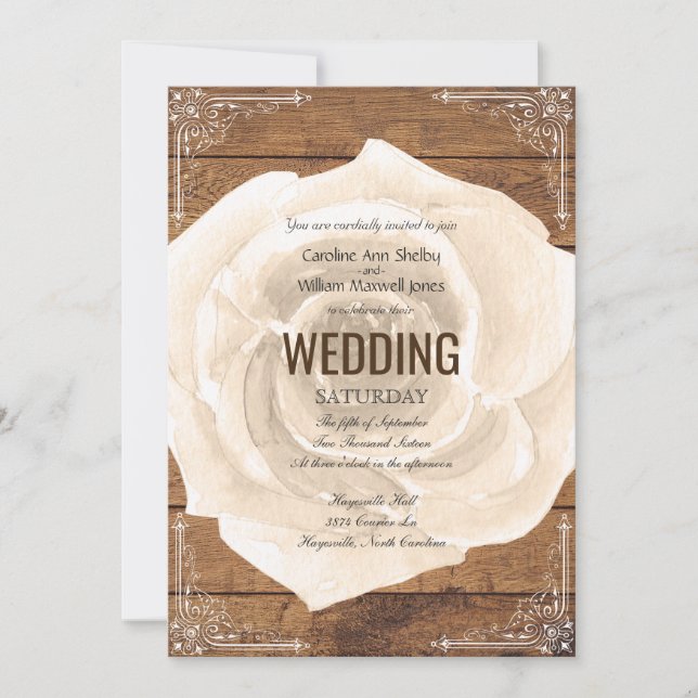 Rustic White Rose and FIligree Wedding Invitation (Front)